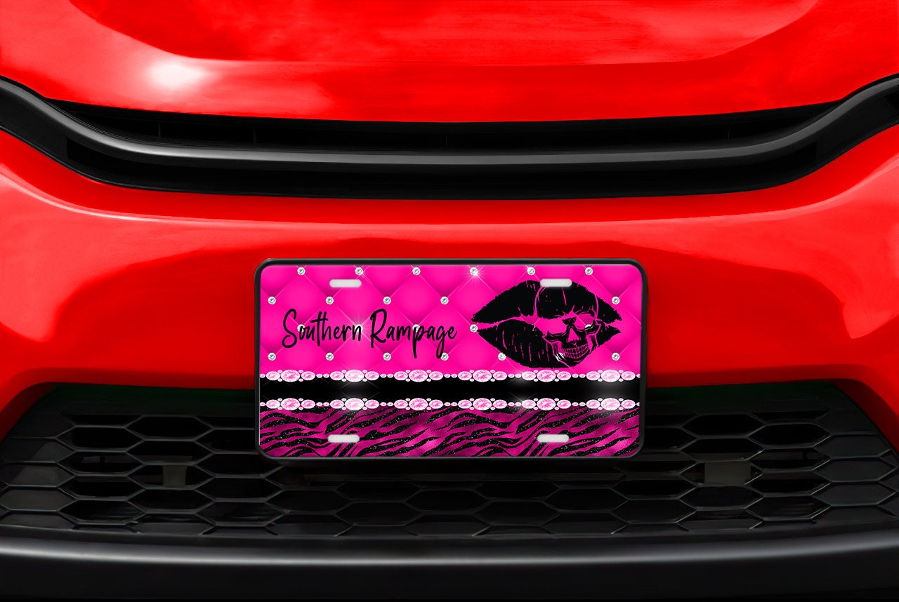 Southern Rampage Hot Pink Skull Lips Aluminum Vanity License Plate Car Accessory Decorative Front Plate