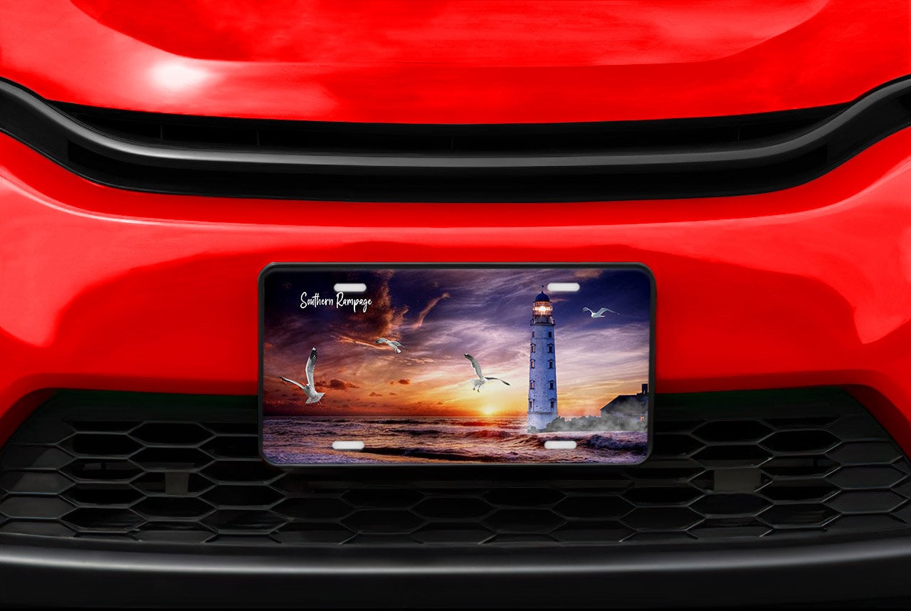 Sunset Lighthouse Beach Nautical Aluminum Vanity License Plate Car Accessory Decorative Front Plate