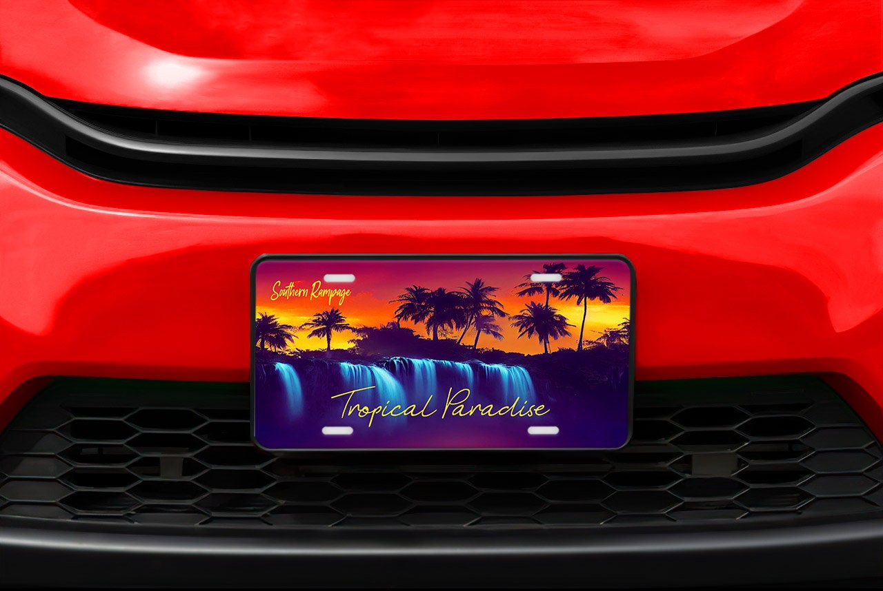 Tropical Paradise Waterfall Beach Nautical Aluminum Vanity License Plate Car Accessory Decorative Front Plate