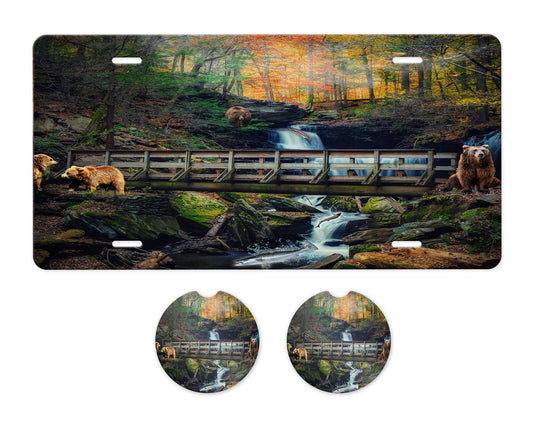 Bear Mountain Stream Aluminum Front License Plate and Car Coaster Set