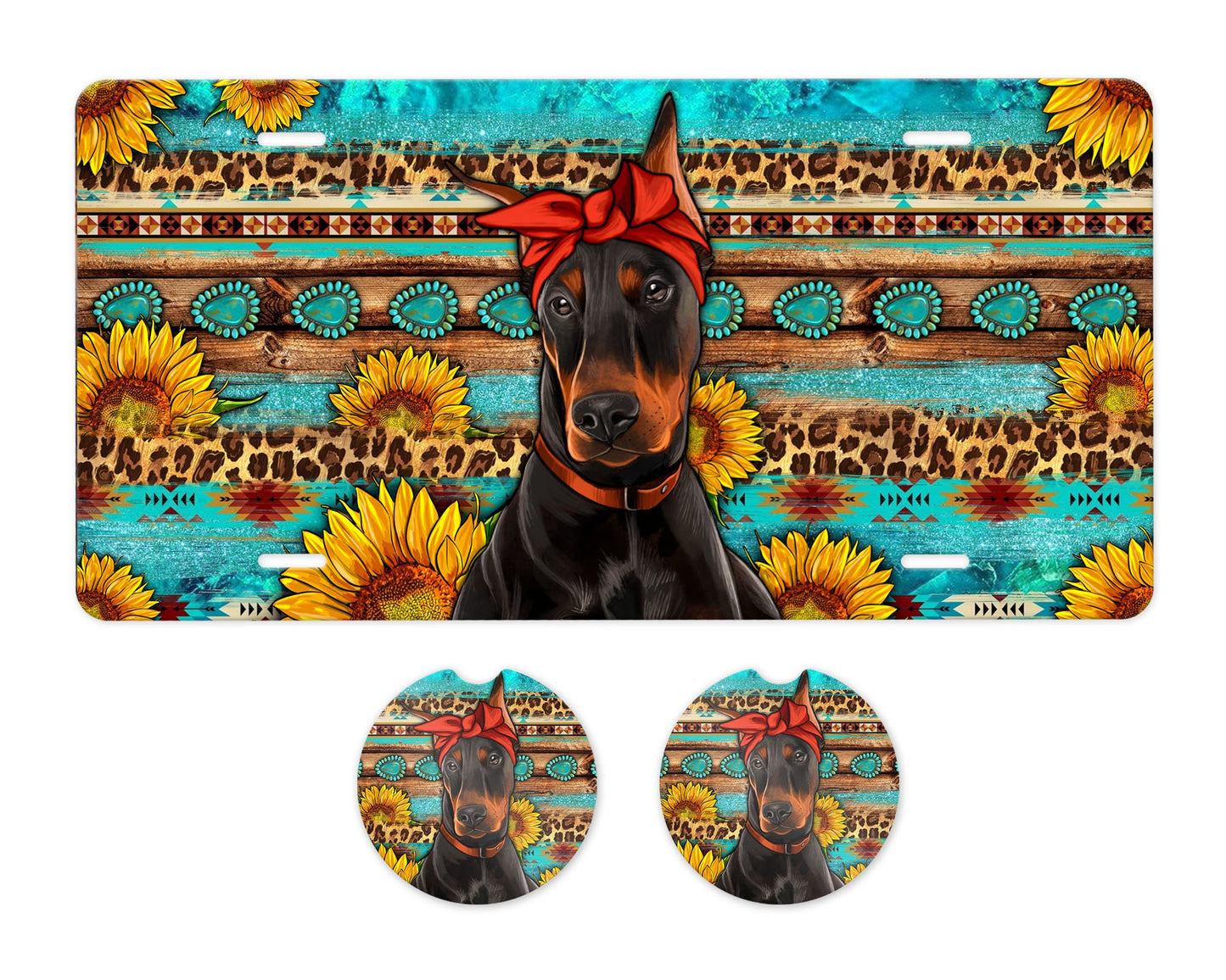 Doberman Pincher Dog and Sunflowers Aluminum Front License Plate and Car Coaster Set
