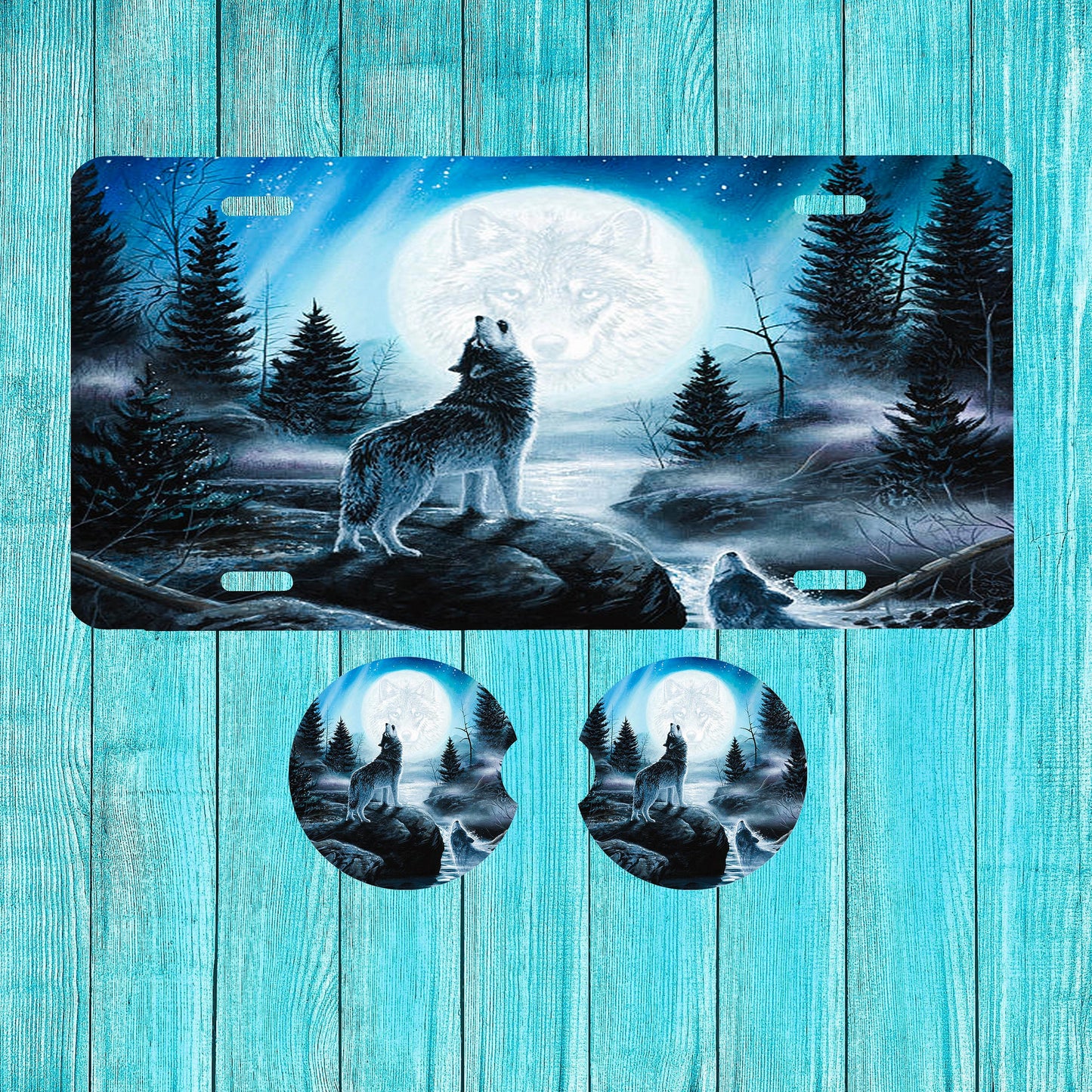 Wolf Howl at the Moon Aluminum Front License Plate and Car Coaster Set