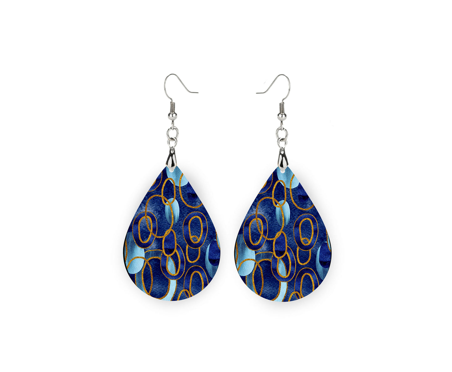 Cobalt Blue Links Abstract Tear Drop Dangle Printed Earrings Jewelry Handmade