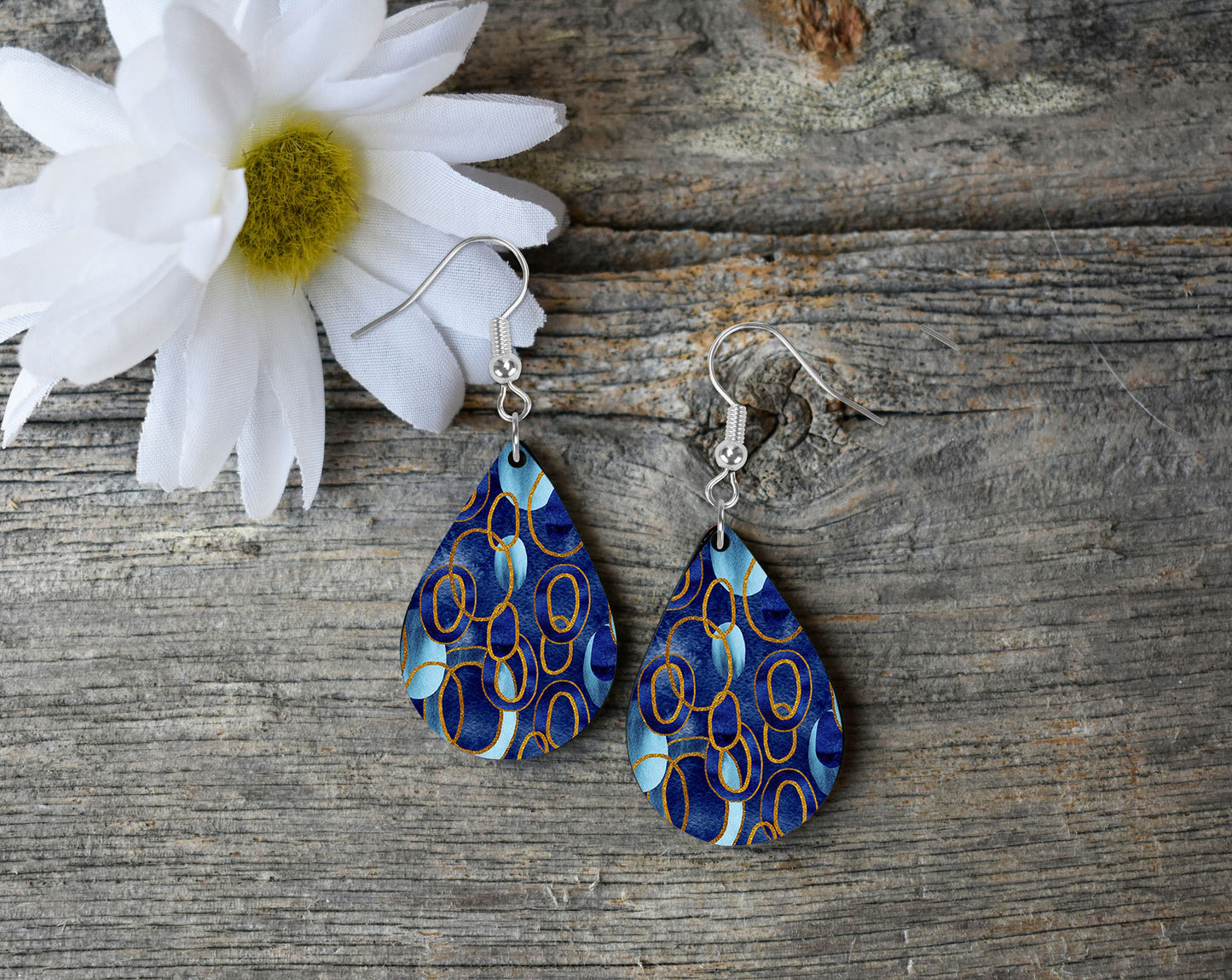 Cobalt Blue Links Abstract Tear Drop Dangle Printed Earrings Jewelry Handmade