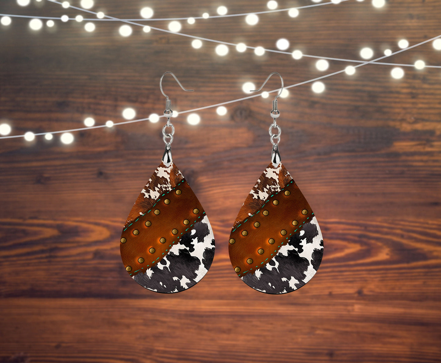 Cowhide and Leather Look Western Tear Drop Dangle Printed Earrings Jewelry Handmade