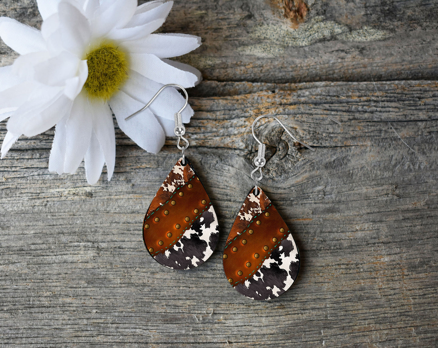 Cowhide and Leather Look Western Tear Drop Dangle Printed Earrings Jewelry Handmade