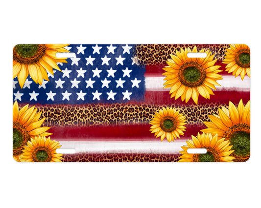 Leopard Print American Flag and Sunflowers Aluminum Front License Plate Vanity Plate