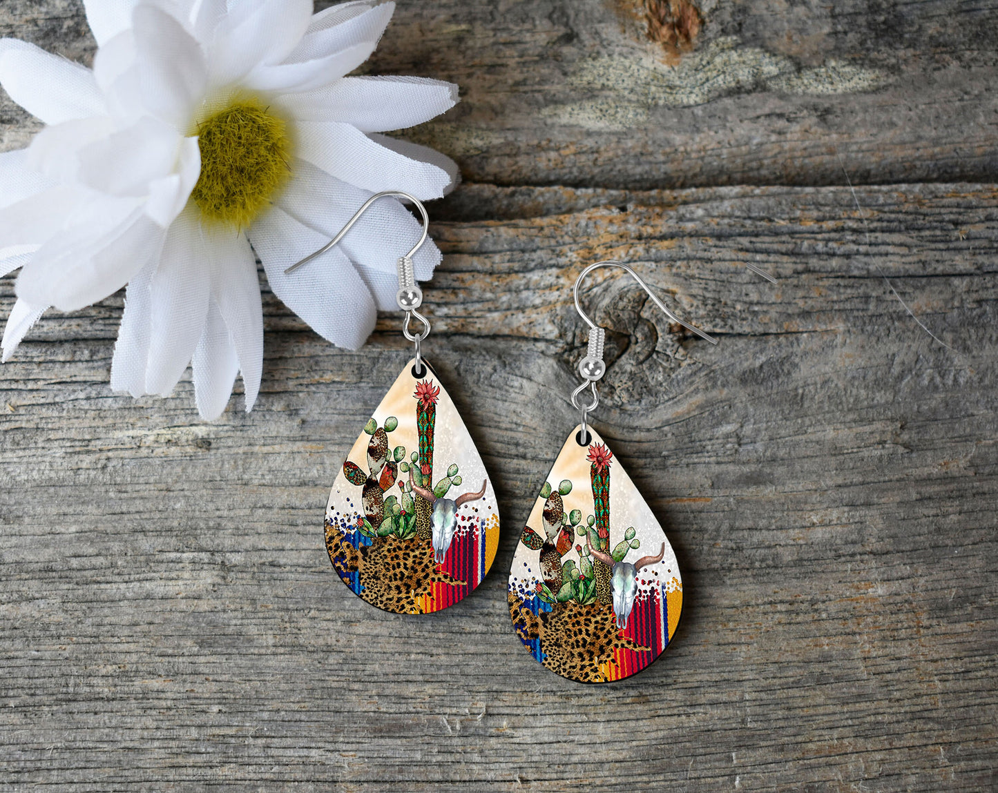 Desert Dweller Cactus Southwest Look Western Tear Drop Dangle Printed Earrings Jewelry Handmade