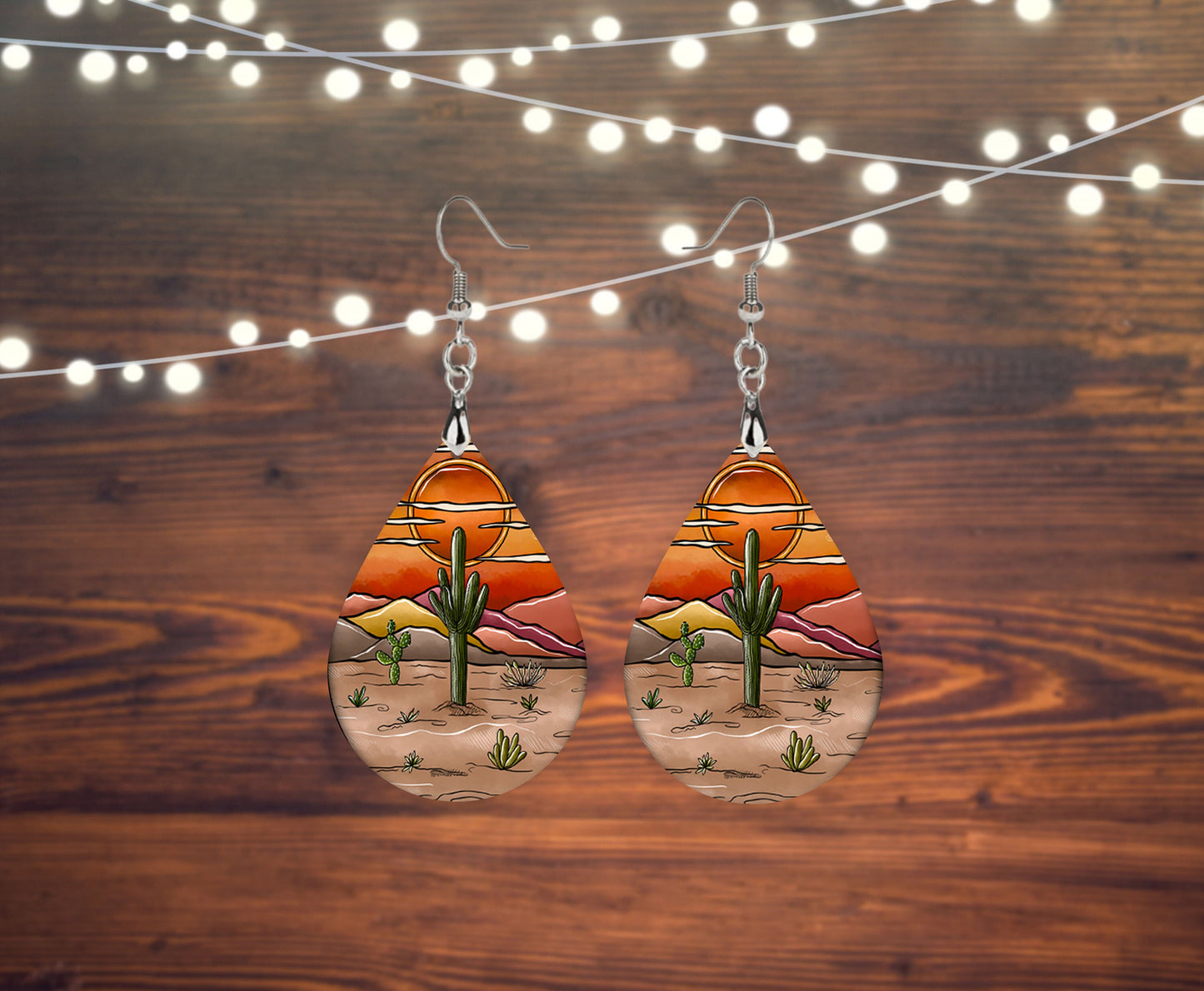 Desert Sunset Cactus Southwest Look Western Tear Drop Dangle Printed Earrings Jewelry Handmade