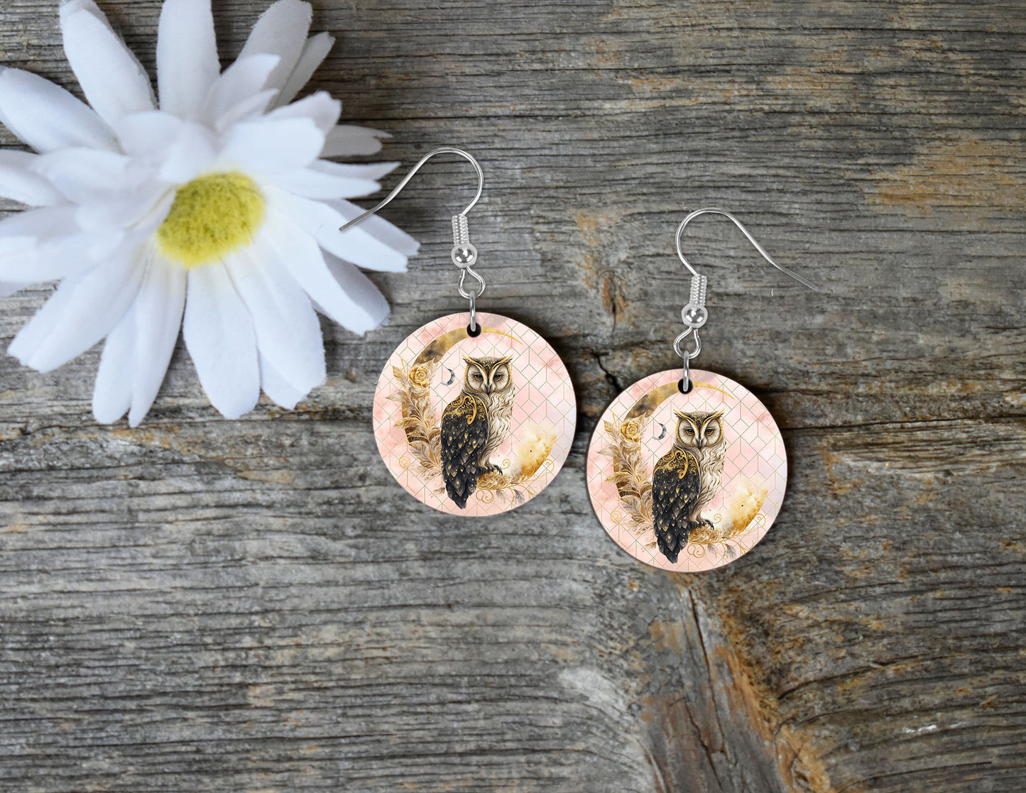 Celestial Owl on Moon Round Printed Wood Earrings Jewelry