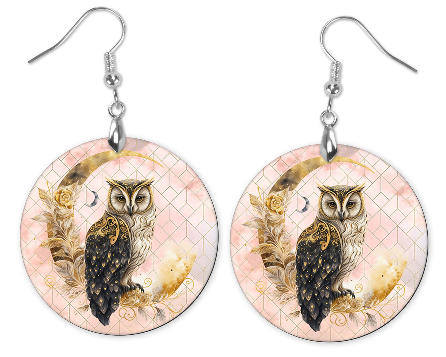 Celestial Owl on Moon Round Printed Wood Earrings Jewelry