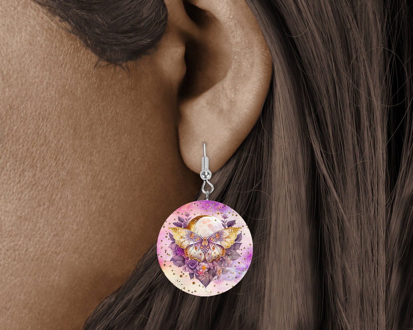 Mystical Moth Round Printed Wood Earrings Jewelry