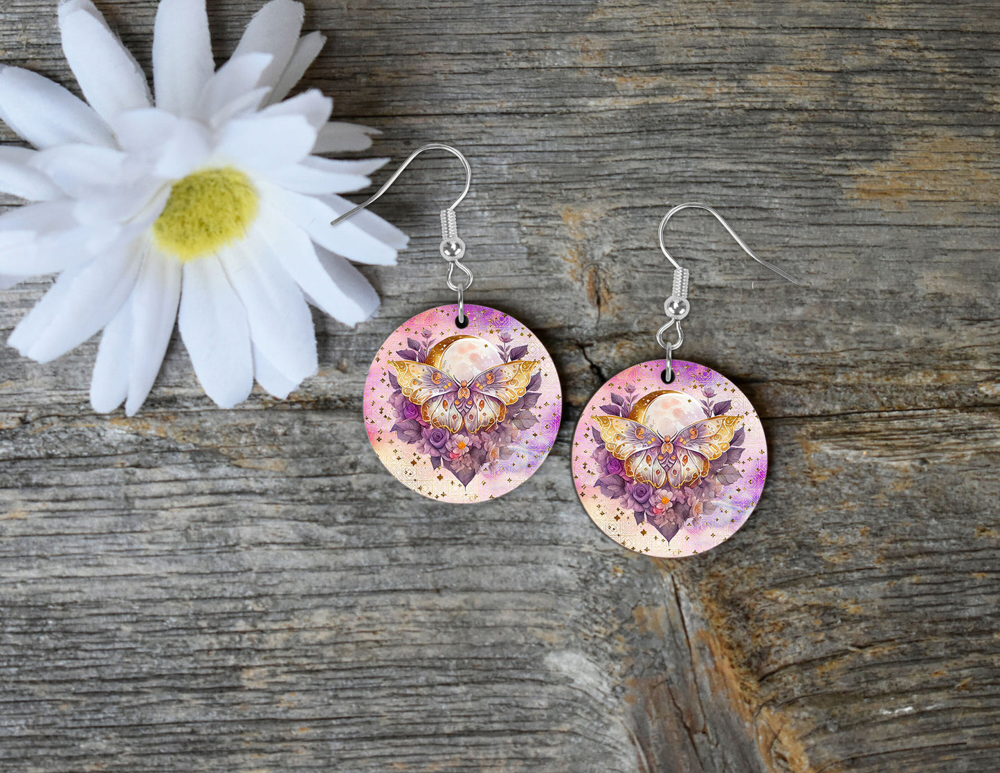 Mystical Moth Round Printed Wood Earrings Jewelry