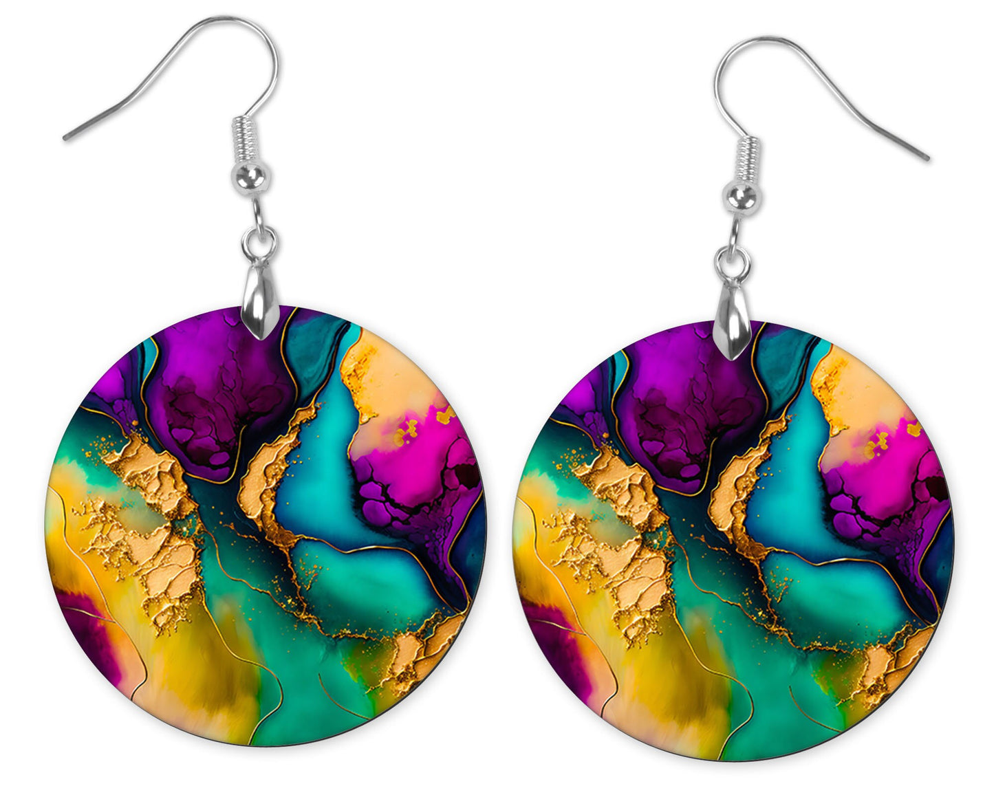 Turquoise and Purple Abstract Round Printed Wood Dangle Earrings Jewelry