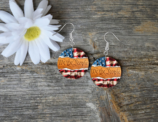 We the People Constitution American Flag Round Printed Wood Dangle Earrings Jewelry