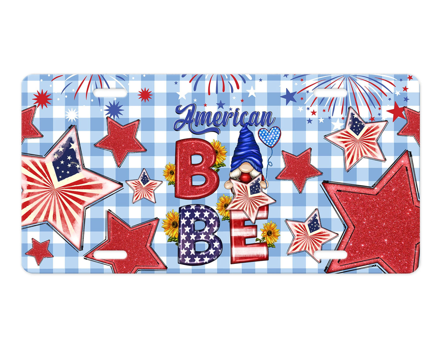 American Babe Gnomes Red White and Blue Patriotic Aluminum Front License Plate Vanity Plate