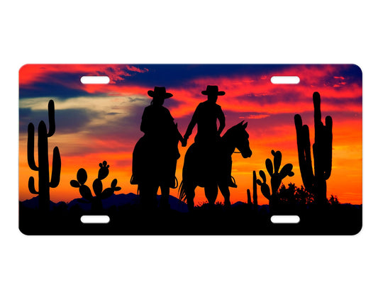 Cowboy Couple Sunset Western Aluminum Front License Plate Vanity Plate