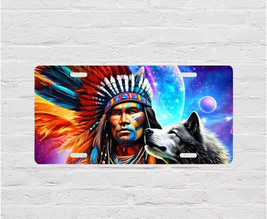 Native American Chief and Wolf Aluminum Front License Plate Vanity Plate