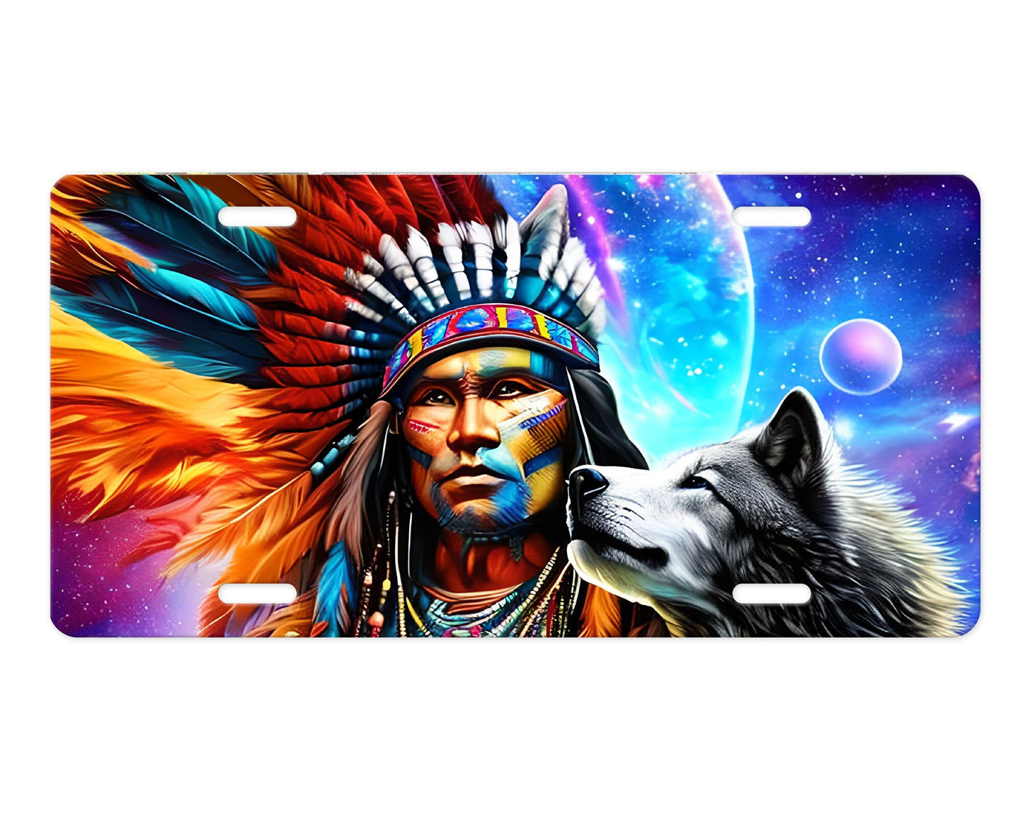 Native American Chief and Wolf Aluminum Front License Plate Vanity Plate