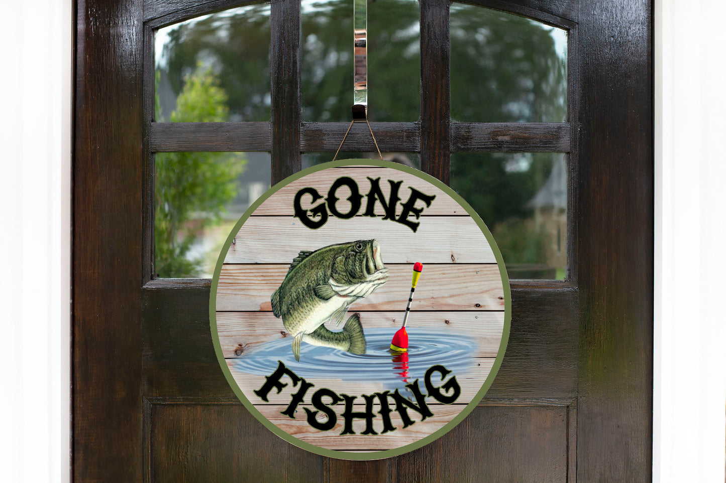 Gone Fishing Round Printed Handmade Wood Sign Door Hanger