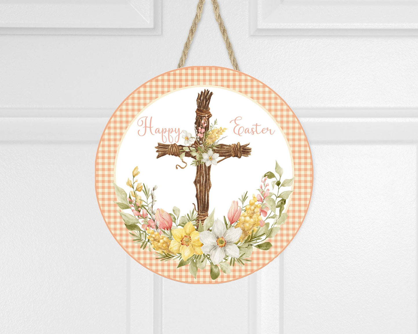 Happy Easter Cross Round Printed Handmade Wood Sign Door Hanger