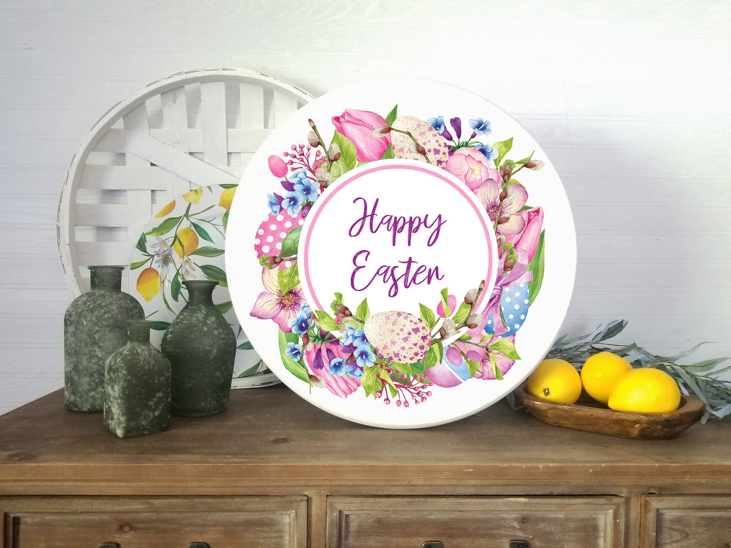 Happy Easter Floral Wreath Round Printed Handmade Wood Sign Door Hanger