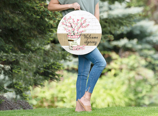 Welcome Spring Cherry Blossoms Round Printed Handmade Wood Sign Door Hanger