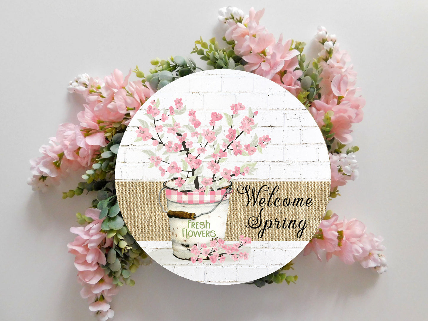 Welcome Spring Cherry Blossoms Round Printed Handmade Wood Sign Door Hanger