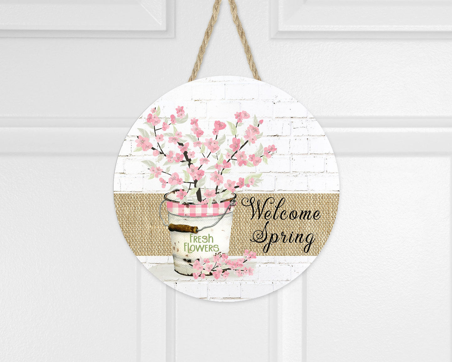 Welcome Spring Cherry Blossoms Round Printed Handmade Wood Sign Door Hanger