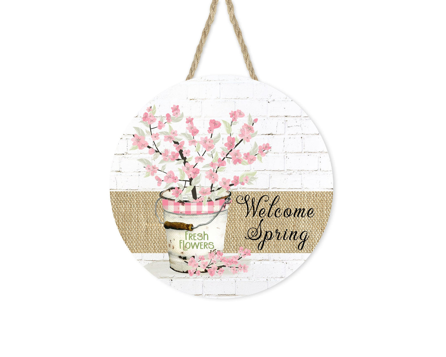 Welcome Spring Cherry Blossoms Round Printed Handmade Wood Sign Door Hanger