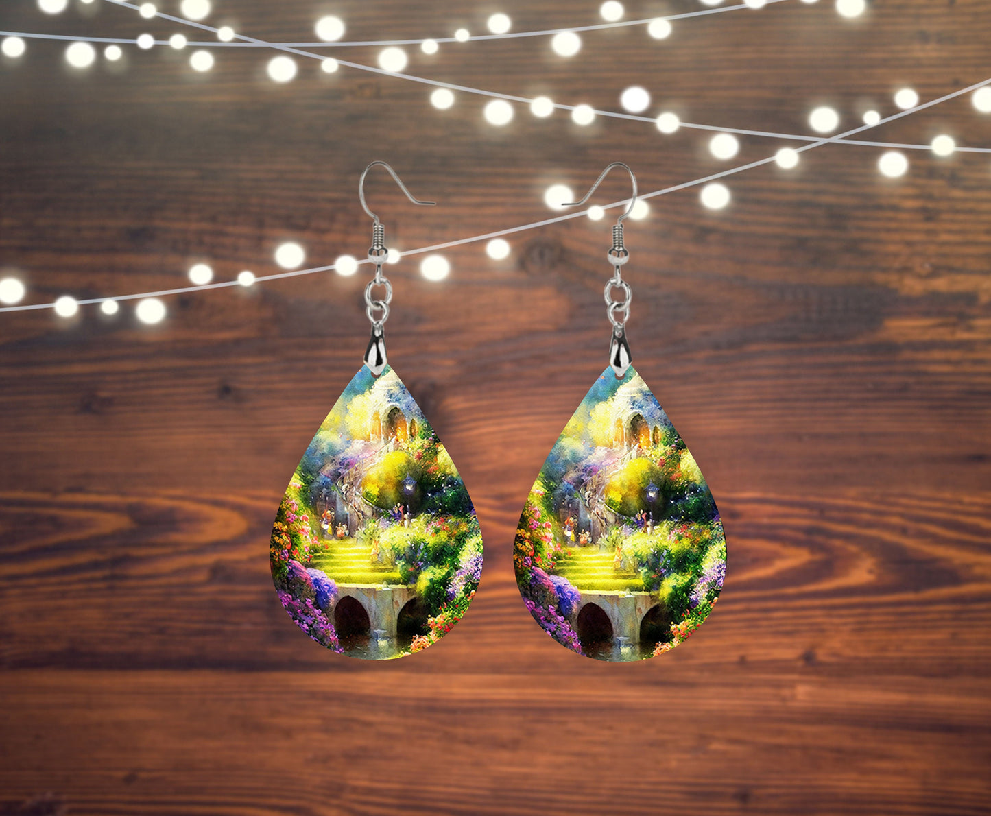 Ethereal Garden Tear Drop Dangle Printed Earrings Jewelry Handmade