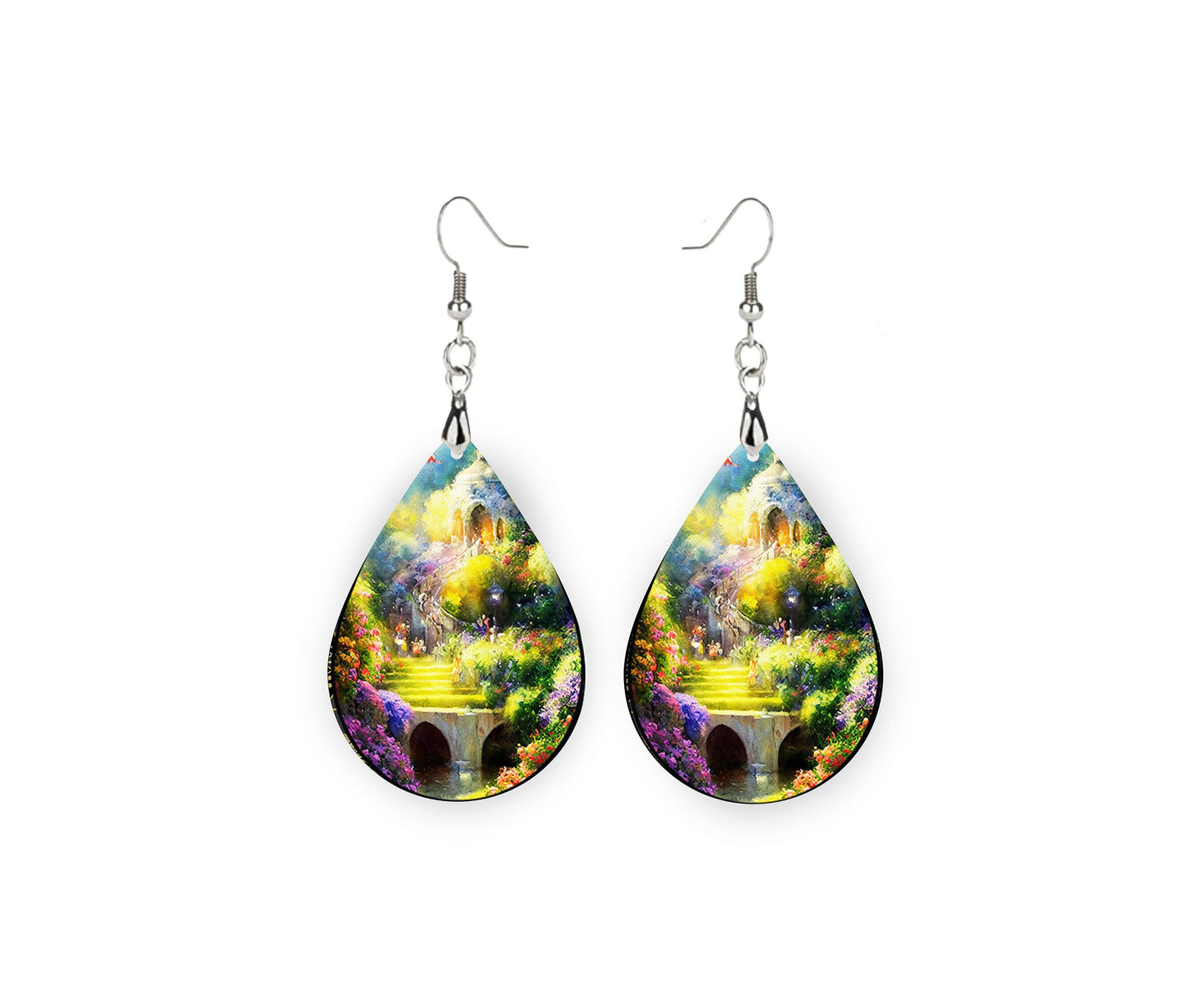 Ethereal Garden Tear Drop Dangle Printed Earrings Jewelry Handmade