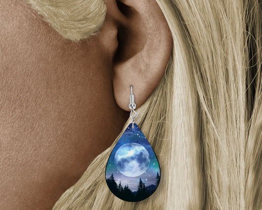 Full Moon Tear Drop Dangle Printed Earrings Jewelry Handmade