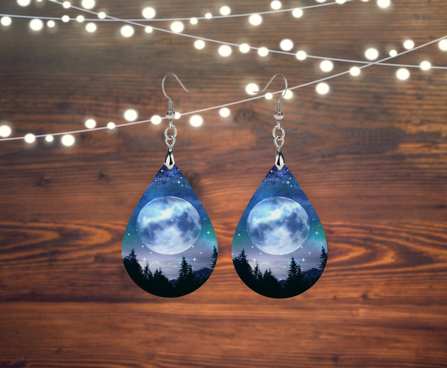 Full Moon Tear Drop Dangle Printed Earrings Jewelry Handmade