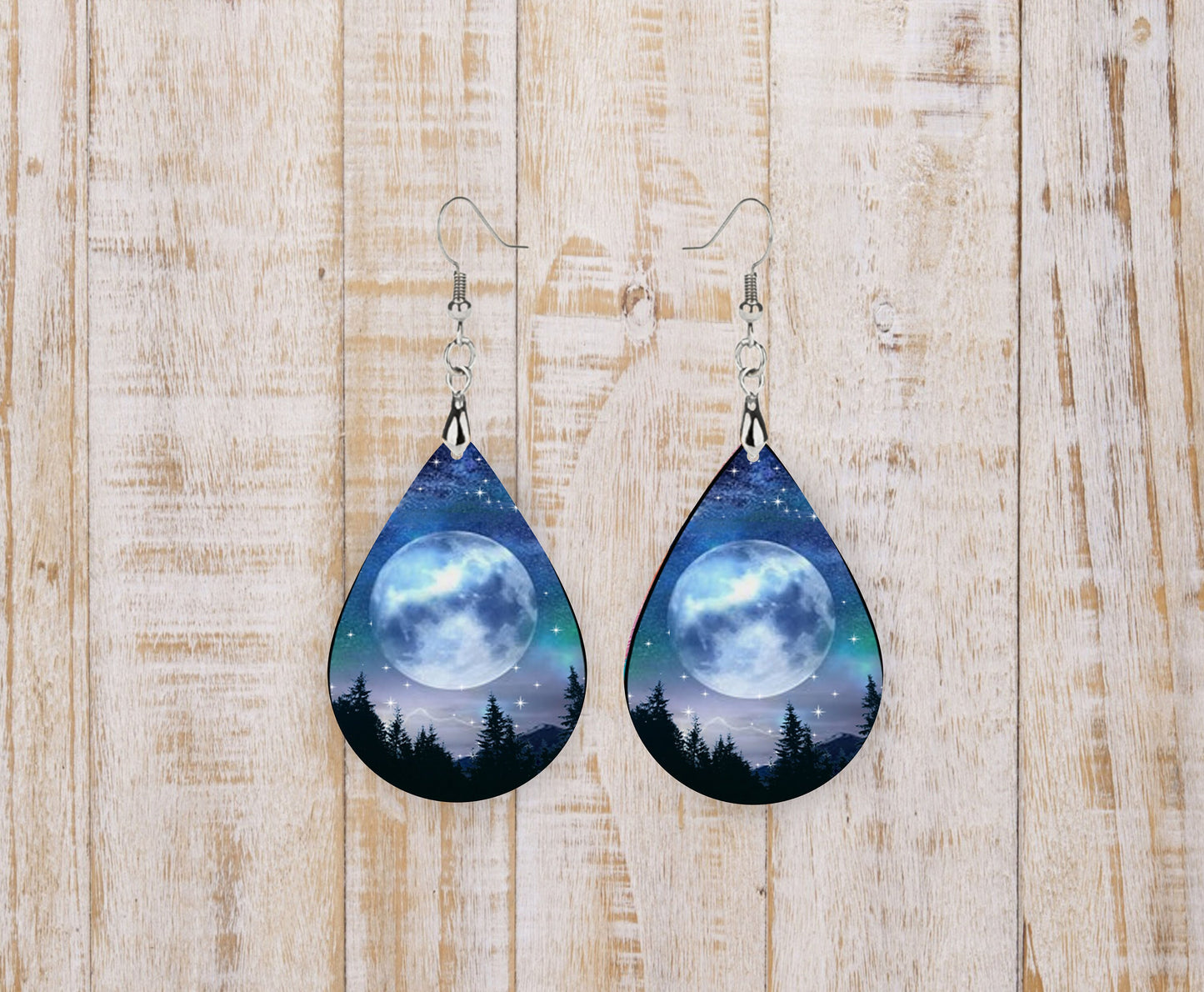 Full Moon Tear Drop Dangle Printed Earrings Jewelry Handmade