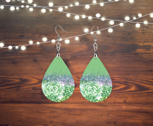 Green Succulents Tear Drop Dangle Printed Earrings Jewelry Handmade