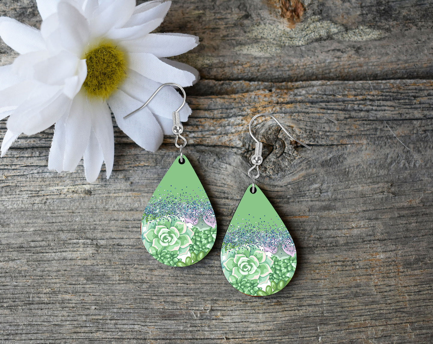 Green Succulents Tear Drop Dangle Printed Earrings Jewelry Handmade