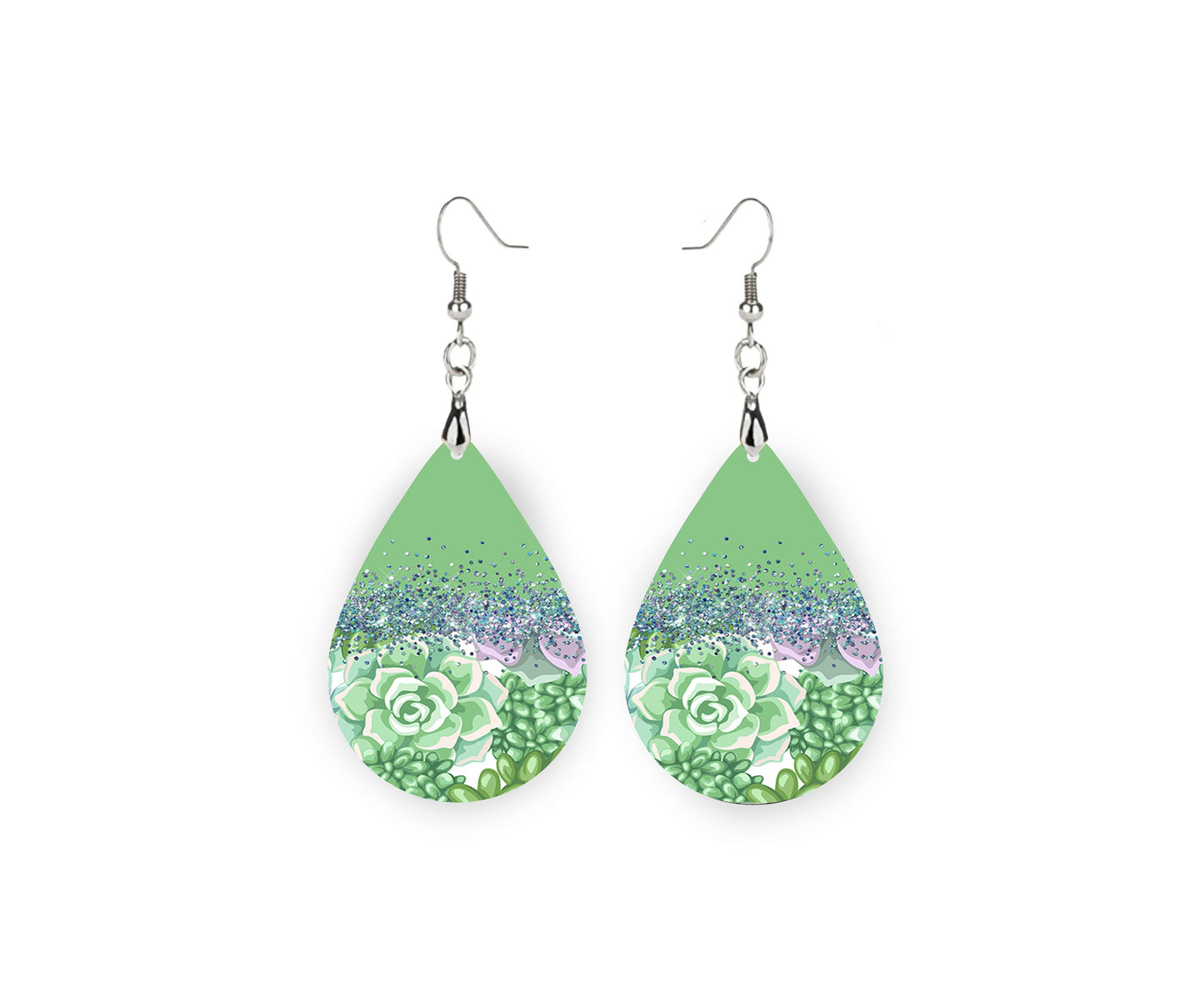 Green Succulents Tear Drop Dangle Printed Earrings Jewelry Handmade