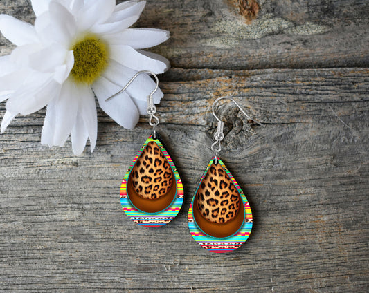 Leopard Print Serape Tear Drop Dangle Printed Earrings Jewelry Handmade