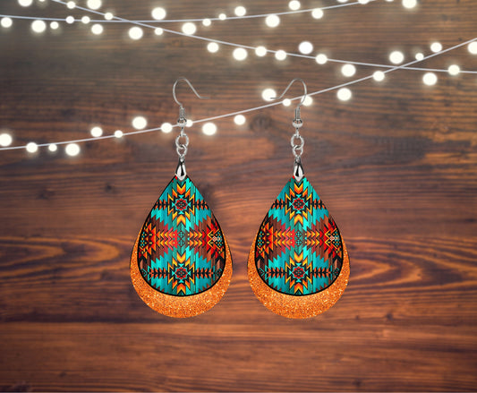 Naranja y turquesa estampado tribal lágrima colgante impreso pendientes joyería hecha a mano