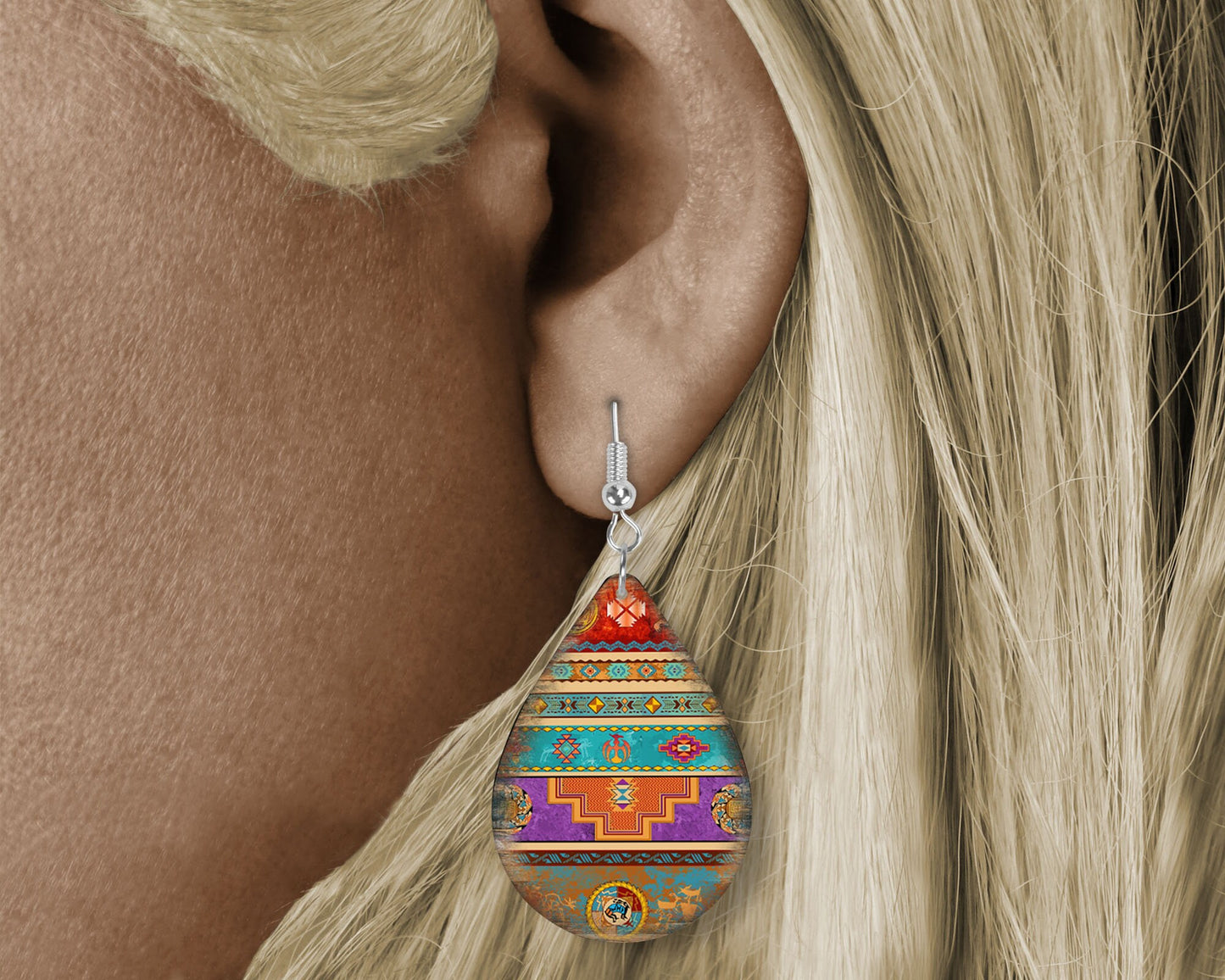 Penny Aztec Tribal Print Tear Drop Dangle Pendientes impresos Joyería hecha a mano