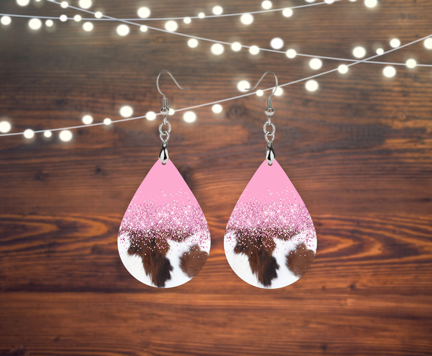Pink and Cowhide Print Tear Drop Dangle Printed Earrings Jewelry Handmade
