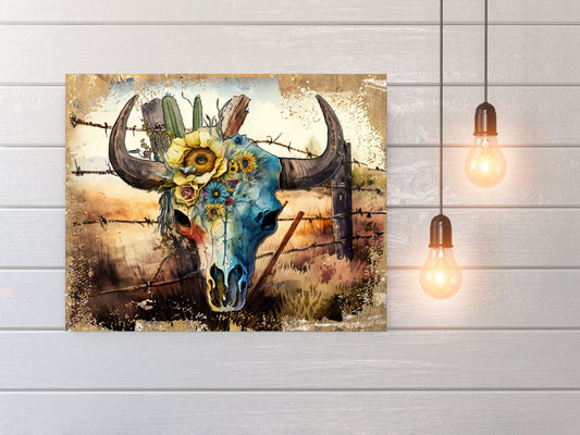 16x20 Cow Skull on Fence Western Wall Art Canvas Print