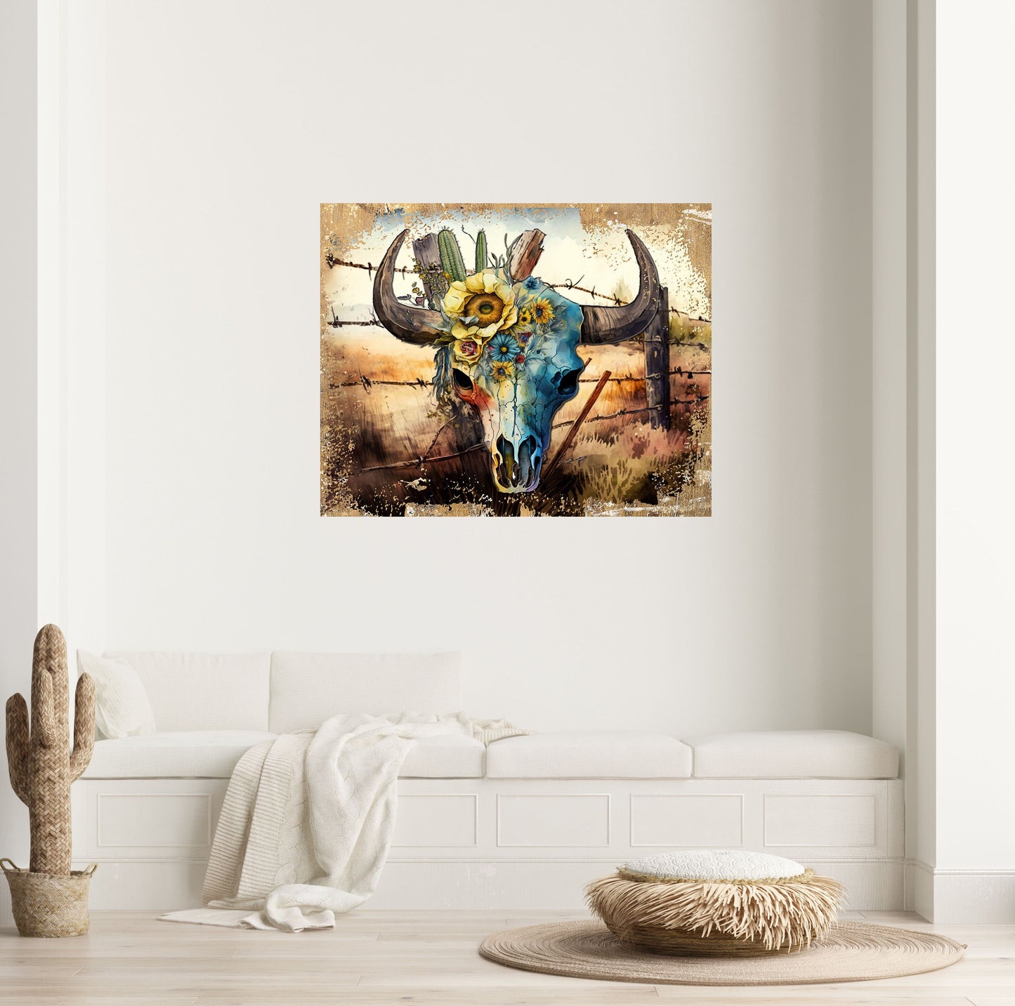 16x20 Cow Skull on Fence Western Wall Art Canvas Print