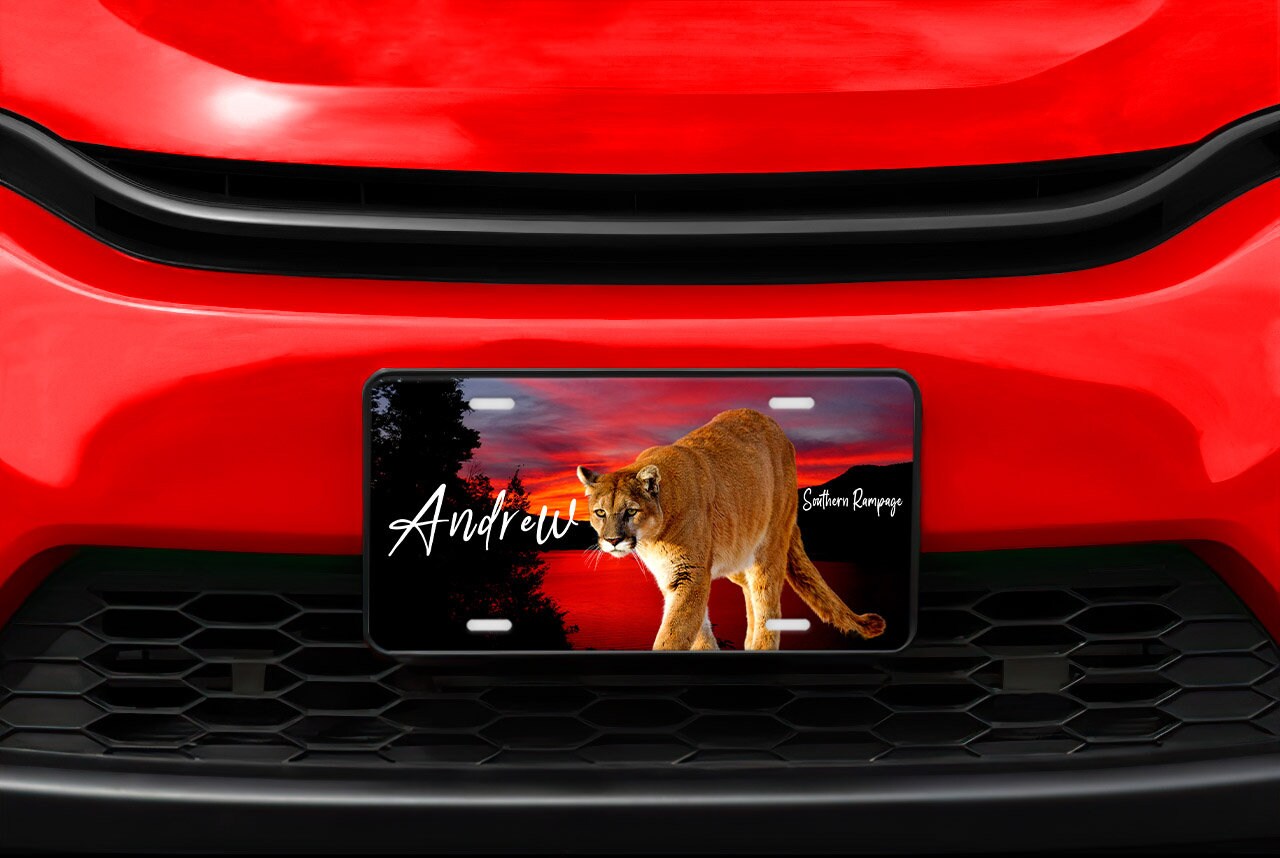 Personalized Sunset Mountain Lion Aluminum Vanity License Plate Car Accessory Decorative Front Plate