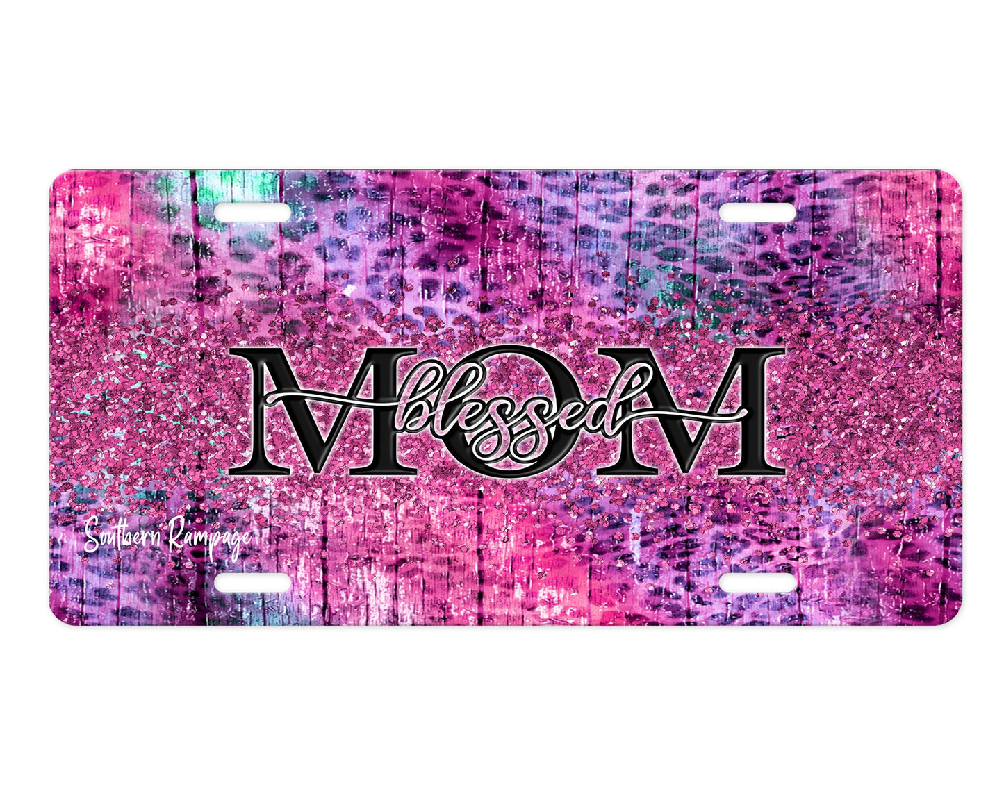 Pink Purple Leopard Print Blessed Mom Aluminum Vanity License Plate Car Accessory Decorative Front Plate