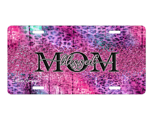 Pink Purple Leopard Print Blessed Mom Aluminum Vanity License Plate Car Accessory Decorative Front Plate