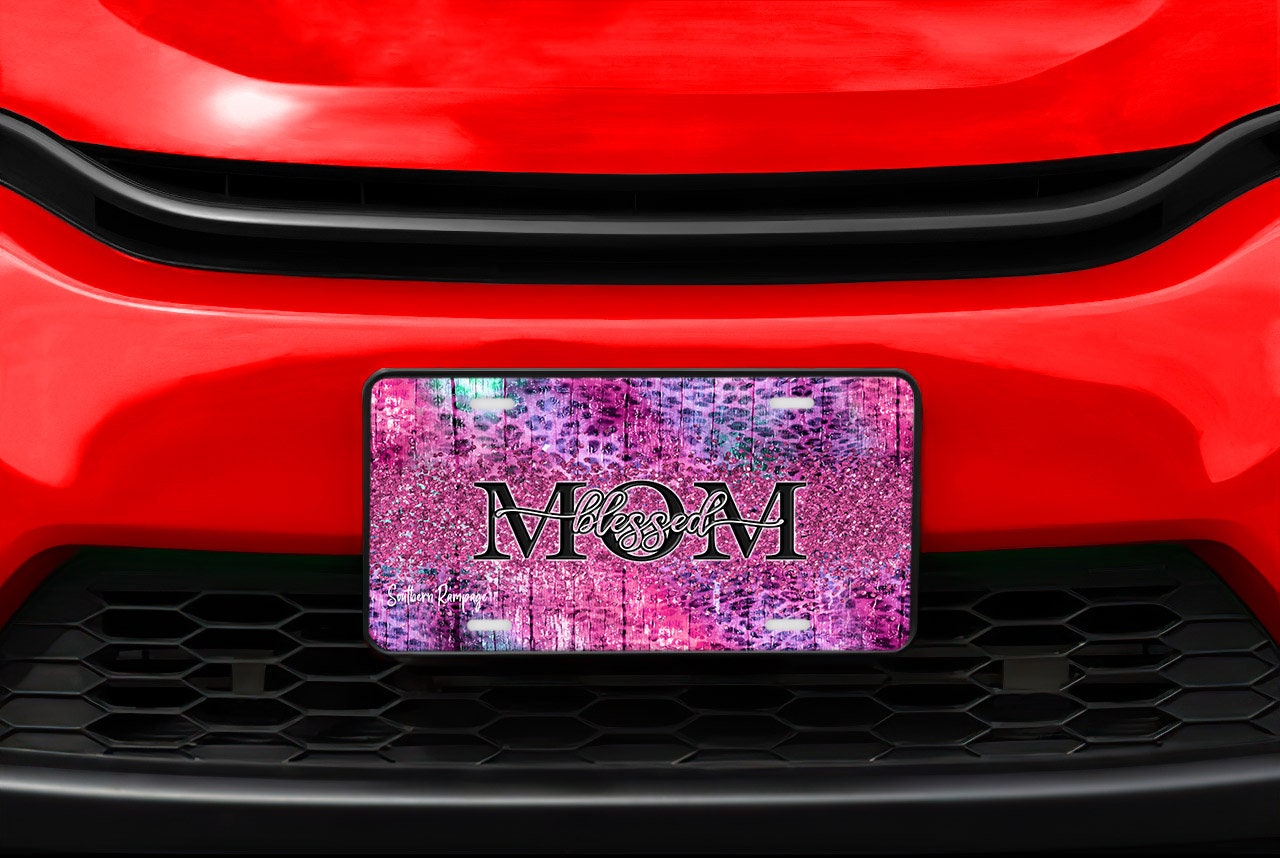 Pink Purple Leopard Print Blessed Mom Aluminum Vanity License Plate Car Accessory Decorative Front Plate