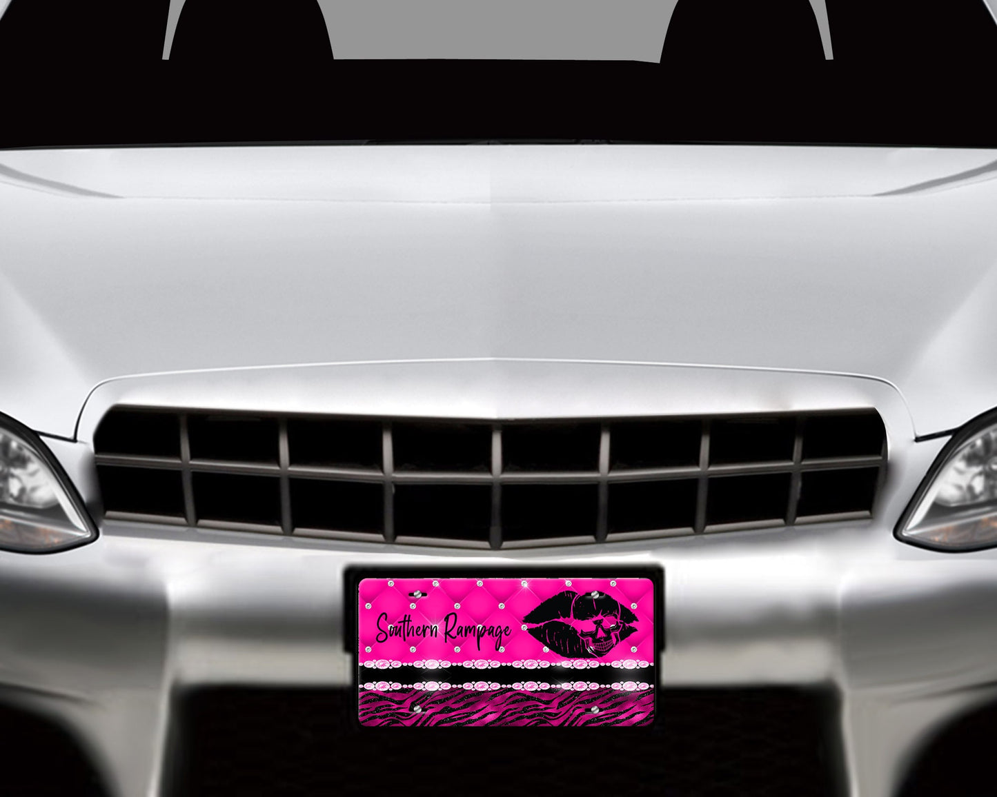 Southern Rampage Hot Pink Skull Lips Aluminum Vanity License Plate Car Accessory Decorative Front Plate