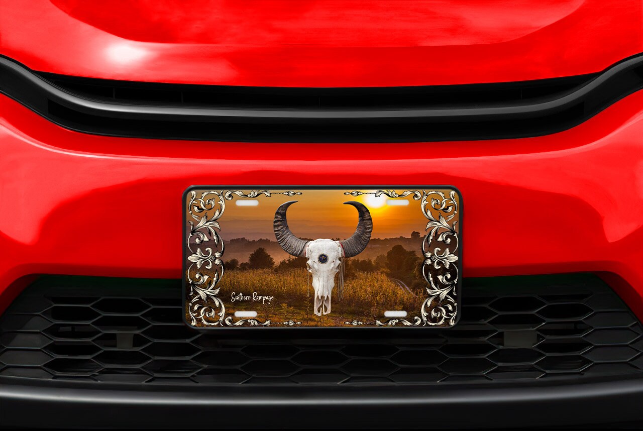 Western Cow Skull Aluminum Vanity License Plate Car Accessory Decorative Front Plate